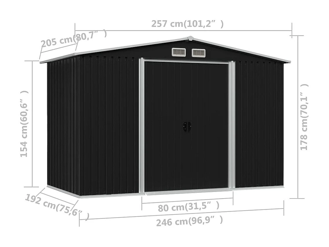 Abrigo de jardim, cabana, casa de armazenamento, galpão ao ar livre, ferramentas, aço robusto 257 x 205 x 178 cm antracite 02_0022384