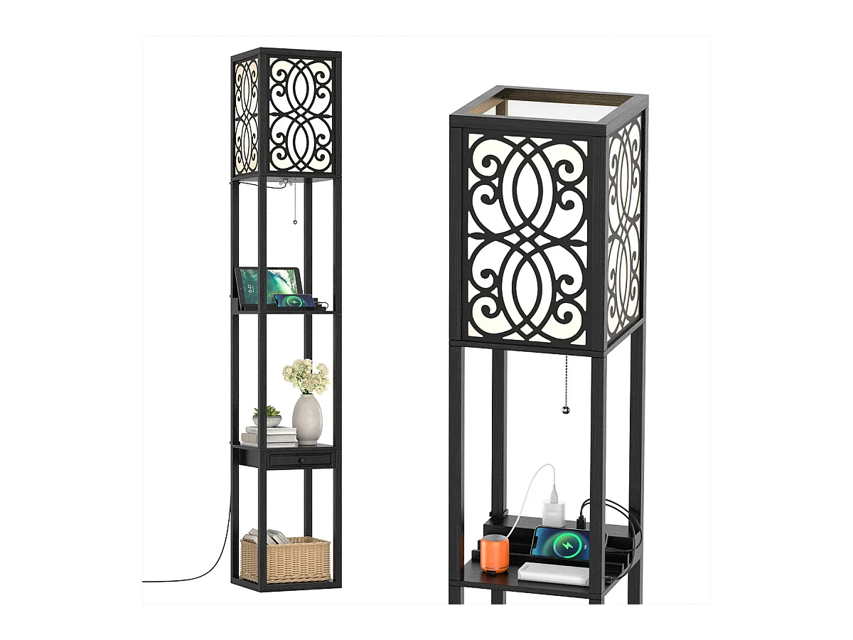Lampada da terra con 3 ripiani e cassetto 1 presa di corrente e 2 porte USB per soggiorno e camera da letto nera 20_0006268