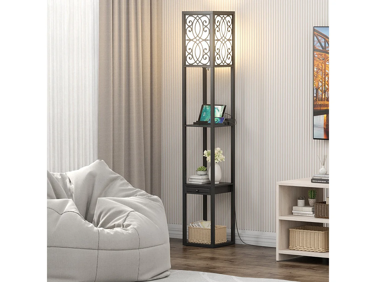 Lampada da terra con 3 ripiani e cassetto 1 presa di corrente e 2 porte USB per soggiorno e camera da letto nera 20_0006268