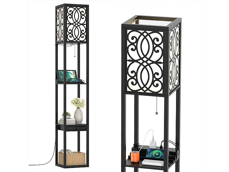 Luminária de chão com 3 prateleiras e gaveta 1 tomada e 2 portas USB para sala e quarto preta 20_0006268