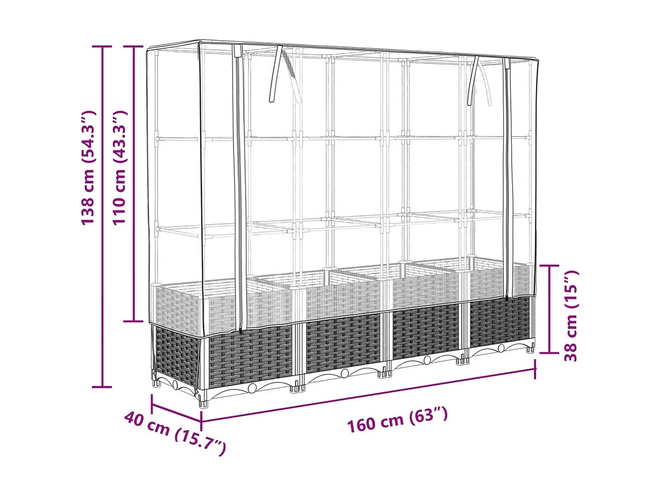 Fioriera rialzata per terrazza giardino rialzato con copertura effetto rattan 160 x 40 x 138 cm Blu grigio 02_0038753