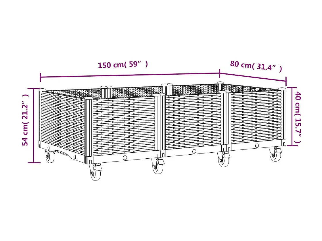 Fioriera rialzata per giardino e terrazza su ruote 150 x 80 x 54 cm PP marrone 02_0038833