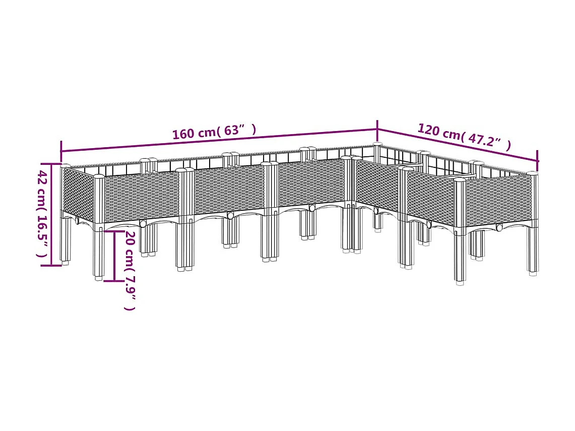 Fioriera rialzata per giardino terrazza con piedini leggera 160 x 120 x 42 cm PP grigio 02_0038173