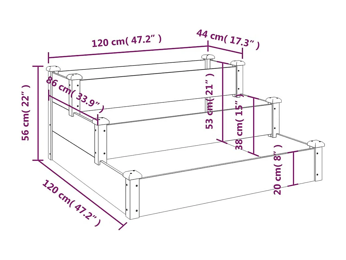 Vassoio per fioriera aiuola rialzata piante fiori terrazza giardino giardino 120 x 120 x 56 cm legno massello di abete marrone 02_0039341