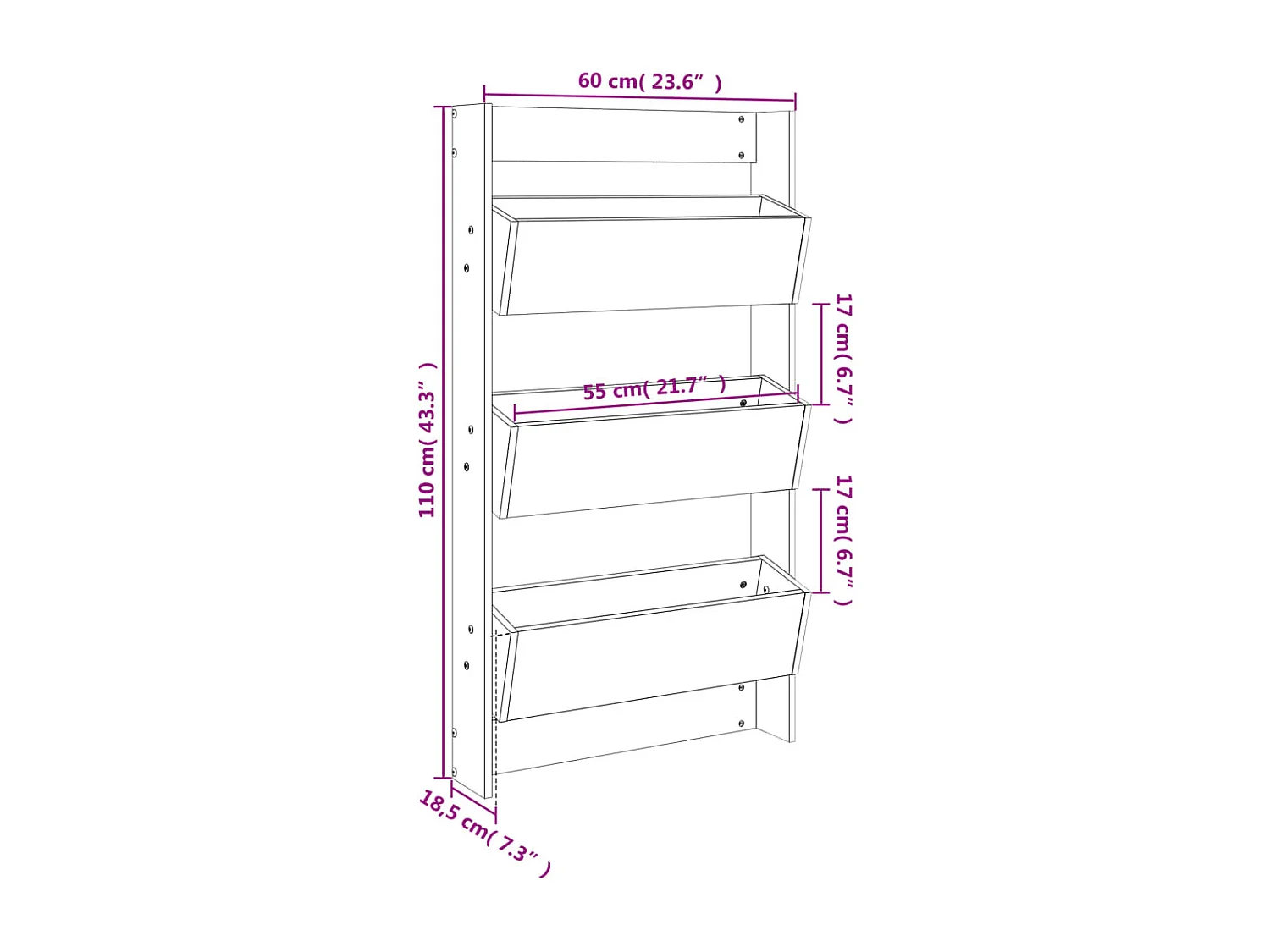 Vassoio per fioriera aiuola rialzata piante fiori terrazza muro giardino 3 livelli 60 x 18,5 x 110 cm legno di pino massiccio nero 02_0038655