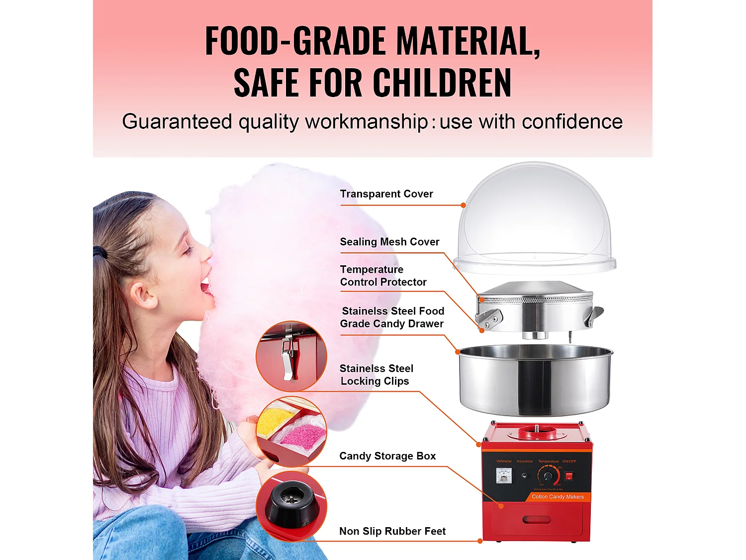 Kommerzielle Zuckerwattemaschine SucceBuy, Zuckerwattemaschine 1000 W,für Zuhause, Kindergeburtstag, Familienfeier, Rot