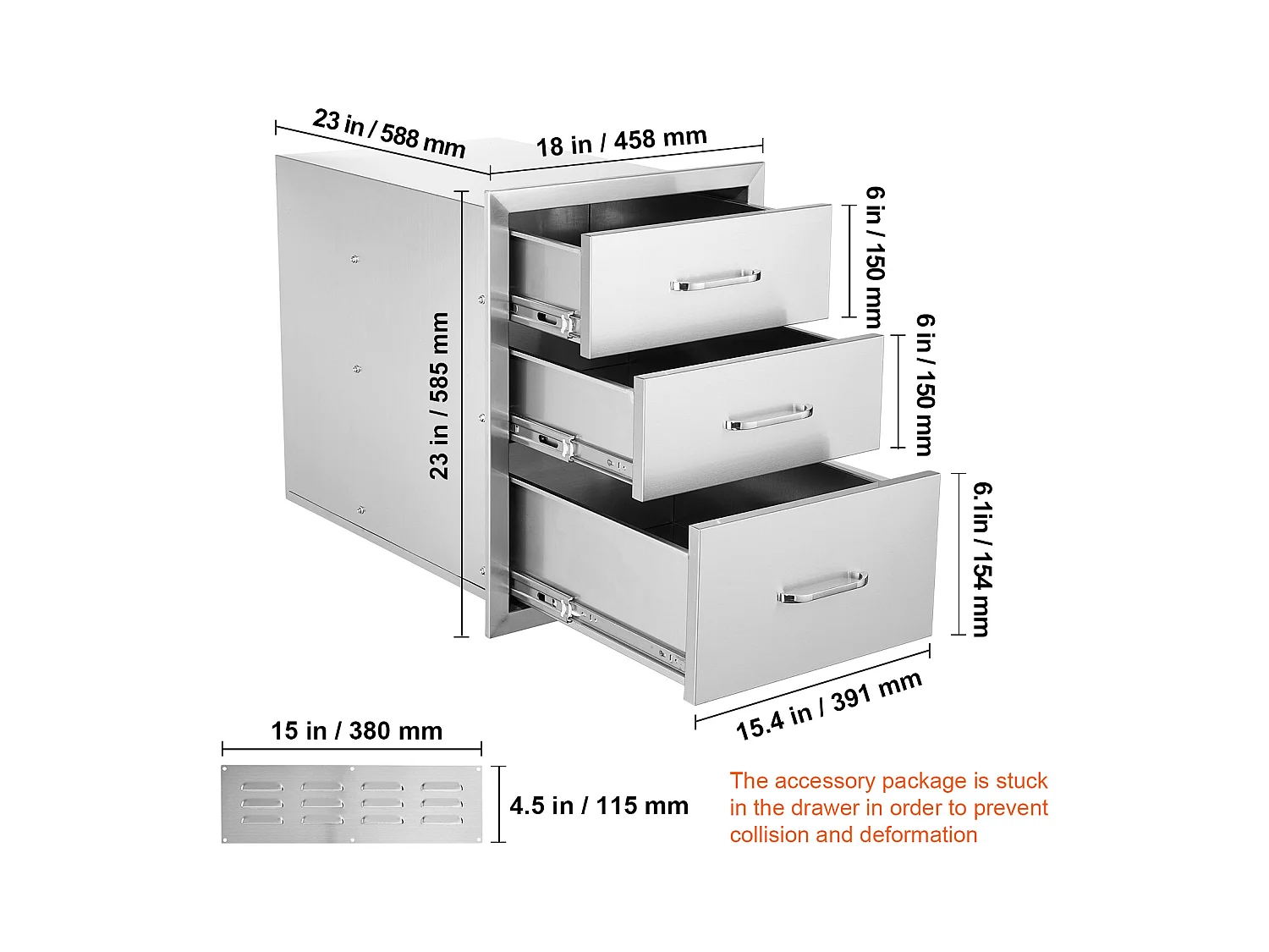 Cassetto a Triplo Accesso SucceBuy, con 3 Scomparti in Acciaio Inossidabile, 46x52x59 cm, Stile Rialzato per Cucina all'Aperto