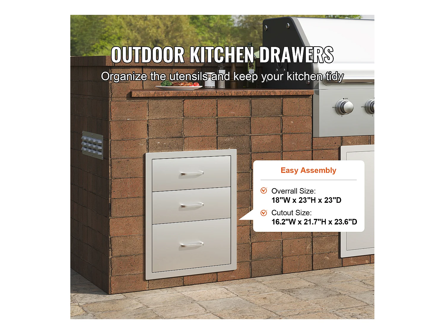 Cassetto a Triplo Accesso SucceBuy, con 3 Scomparti in Acciaio Inossidabile, 46x52x59 cm, Stile Rialzato per Cucina all'Aperto