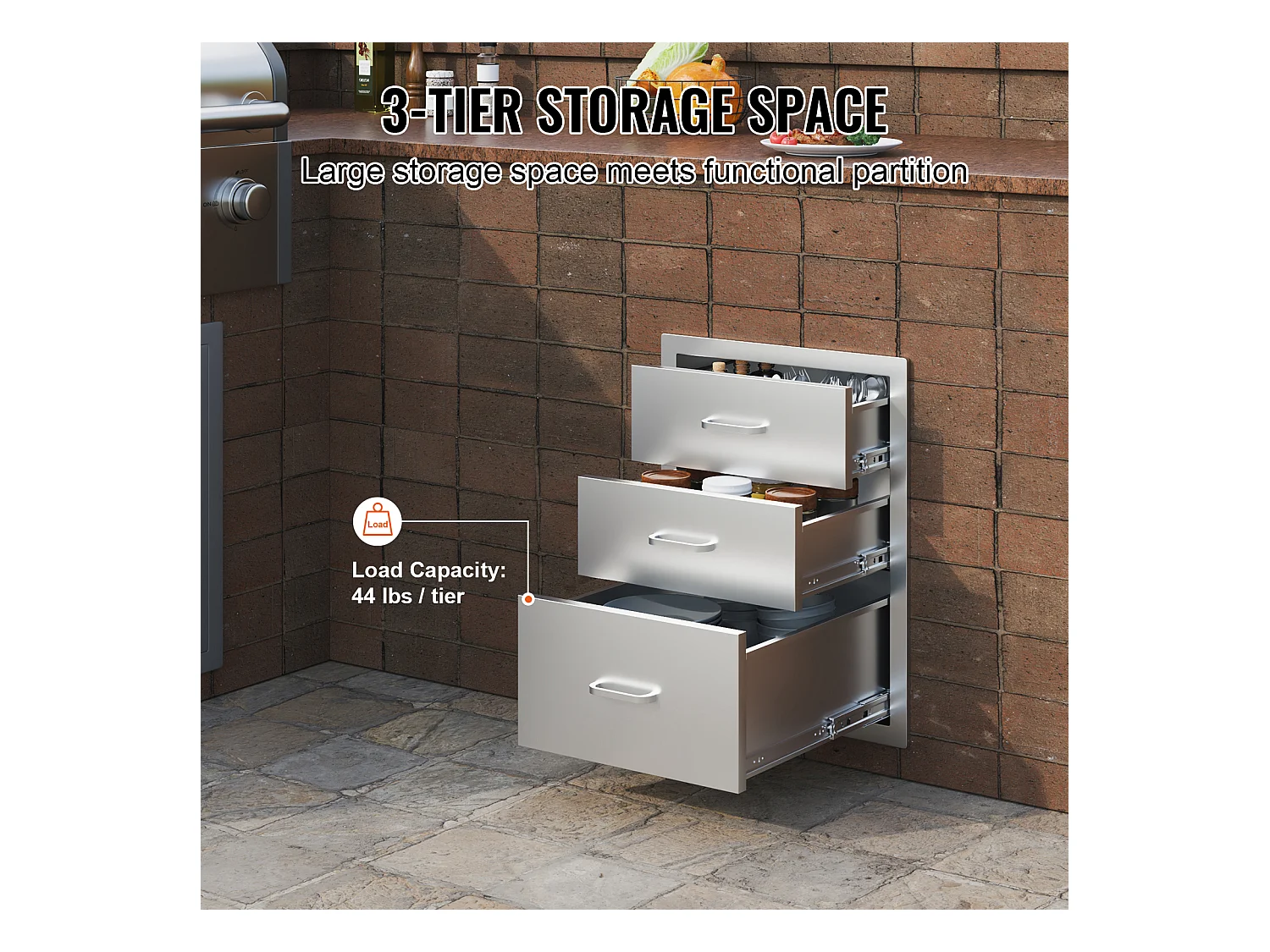 Cassetto a Triplo Accesso SucceBuy, con 3 Scomparti in Acciaio Inossidabile, 46x52x59 cm, Stile Rialzato per Cucina all'Aperto