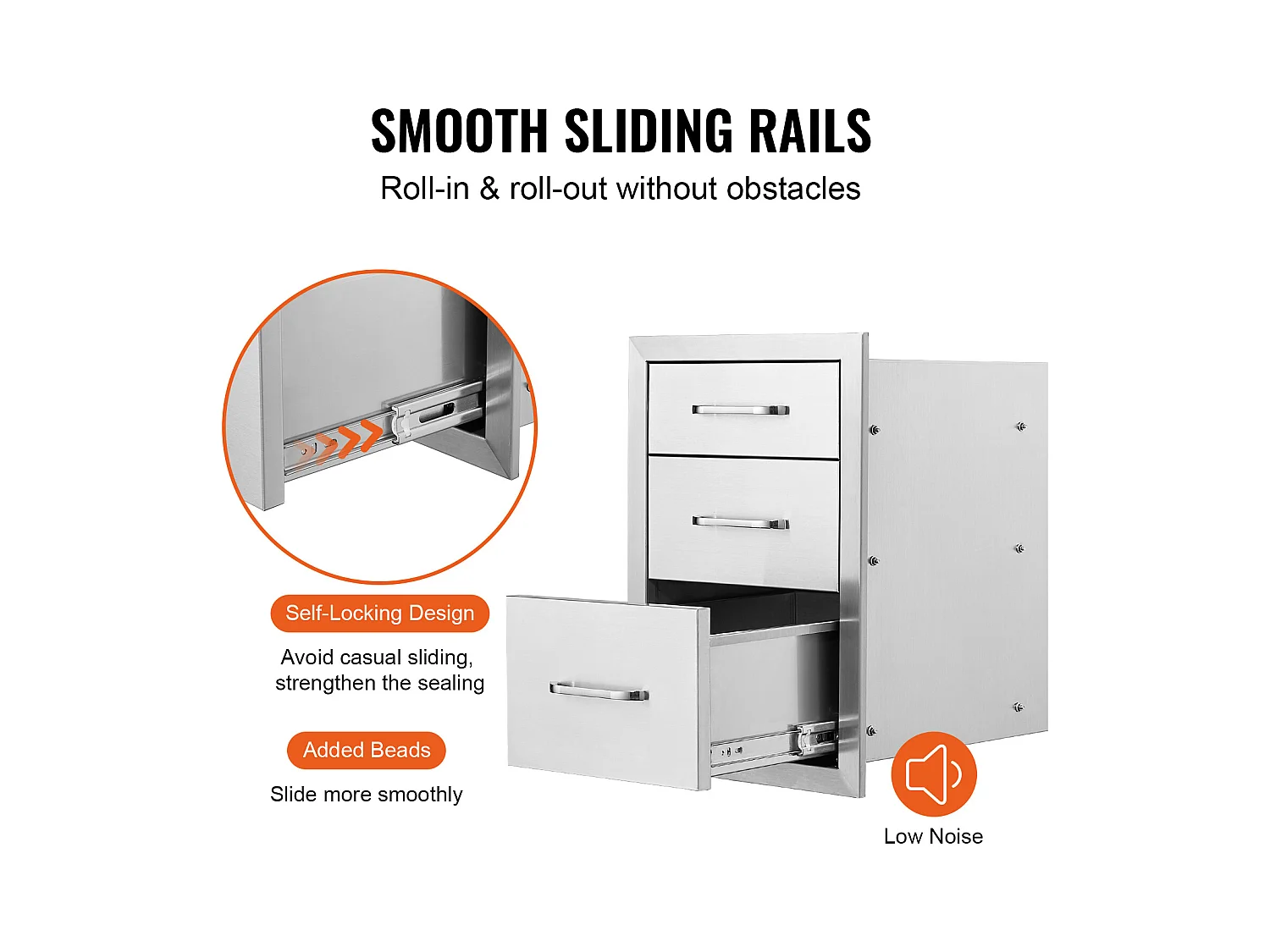 Cassetto a Triplo Accesso SucceBuy, con 3 Scomparti in Acciaio Inossidabile, 46x52x59 cm, Stile Rialzato per Cucina all'Aperto