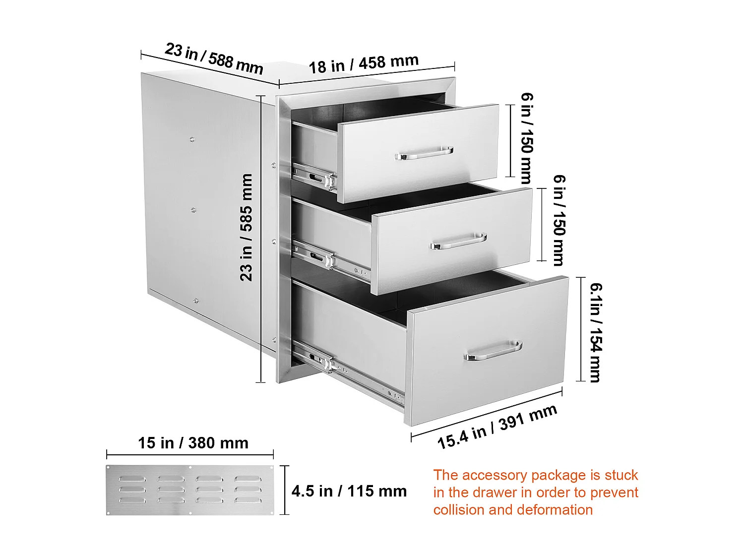 Tiroir à Triple Accès SucceBuy,à 3 Espaces de Tiroirs de Rangement en Acier Inoxydable, 46x52x59cm, Style Surélevé pour Cuisine Extérieure