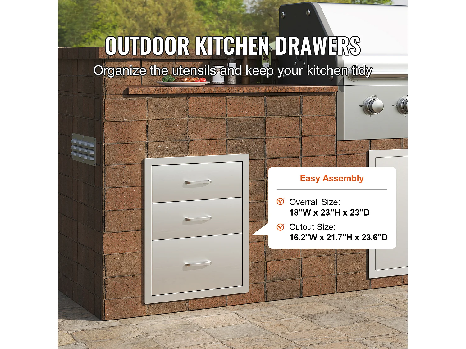 Tiroir à Triple Accès SucceBuy,à 3 Espaces de Tiroirs de Rangement en Acier Inoxydable, 46x52x59cm, Style Surélevé pour Cuisine Extérieure