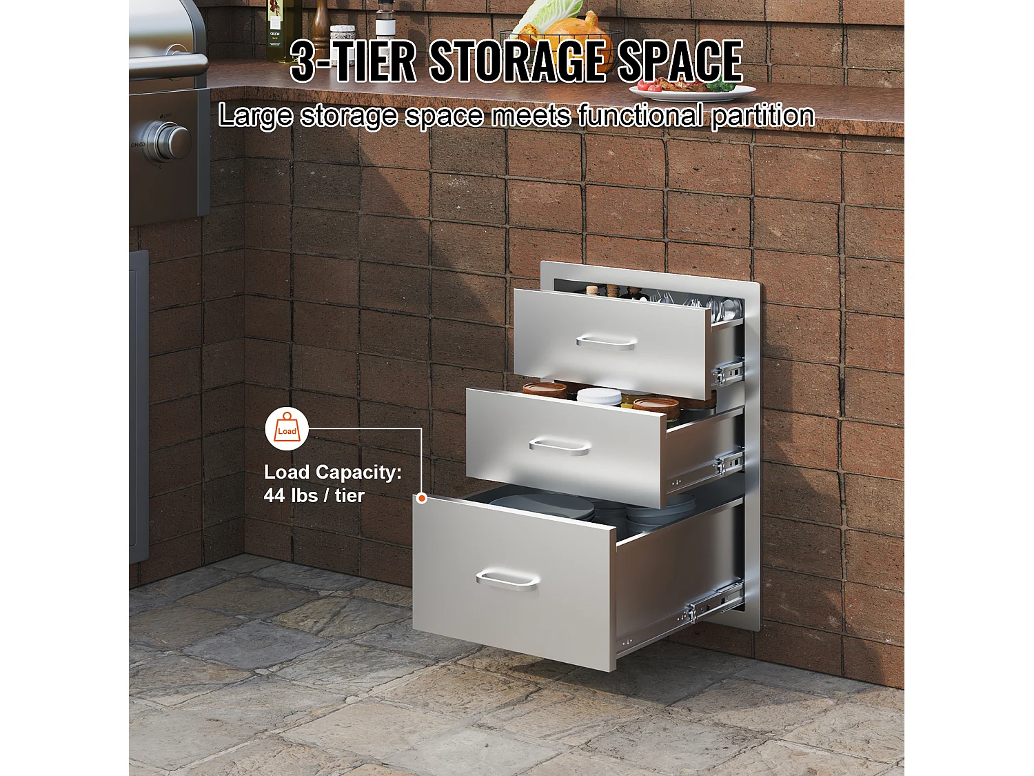 Tiroir à Triple Accès SucceBuy,à 3 Espaces de Tiroirs de Rangement en Acier Inoxydable, 46x52x59cm, Style Surélevé pour Cuisine Extérieure