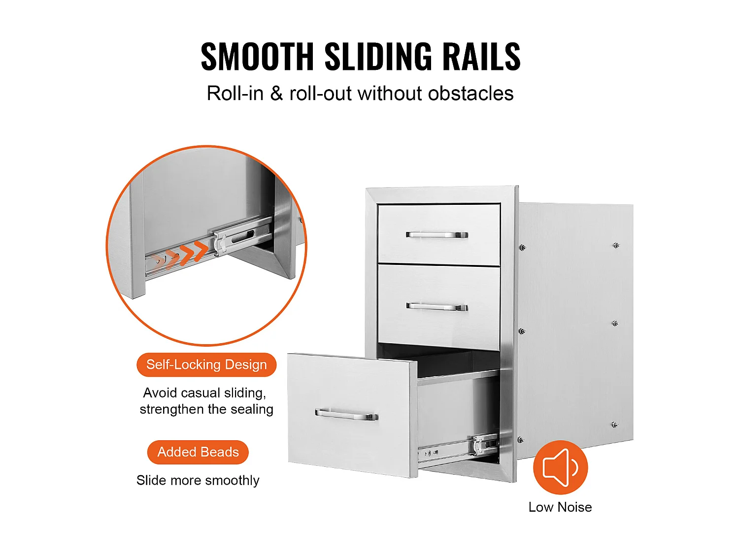 Tiroir à Triple Accès SucceBuy,à 3 Espaces de Tiroirs de Rangement en Acier Inoxydable, 46x52x59cm, Style Surélevé pour Cuisine Extérieure