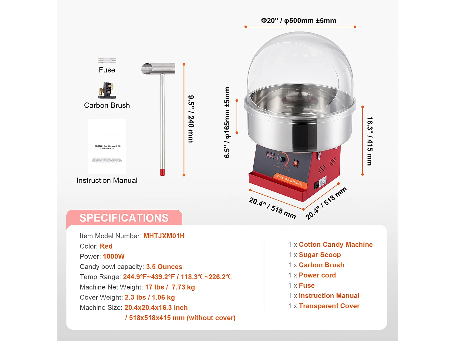 Macchina per Zucchero Filato Commerciale SucceBuy, Macchina per Zucchero Filato 1000 W con Coperchio, Rossa
