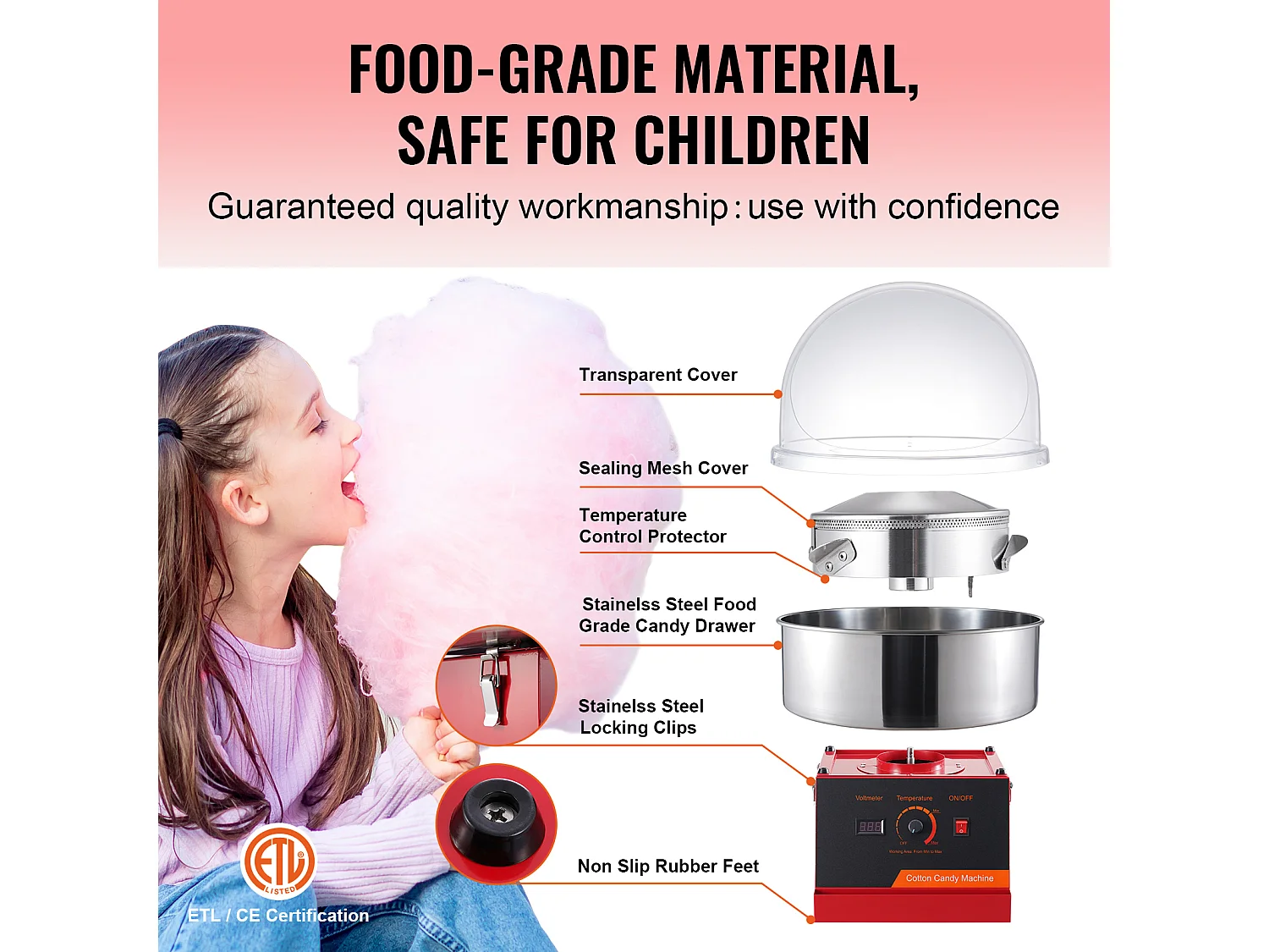 Macchina per Zucchero Filato Commerciale SucceBuy, Macchina per Zucchero Filato 1000 W con Coperchio, Rossa