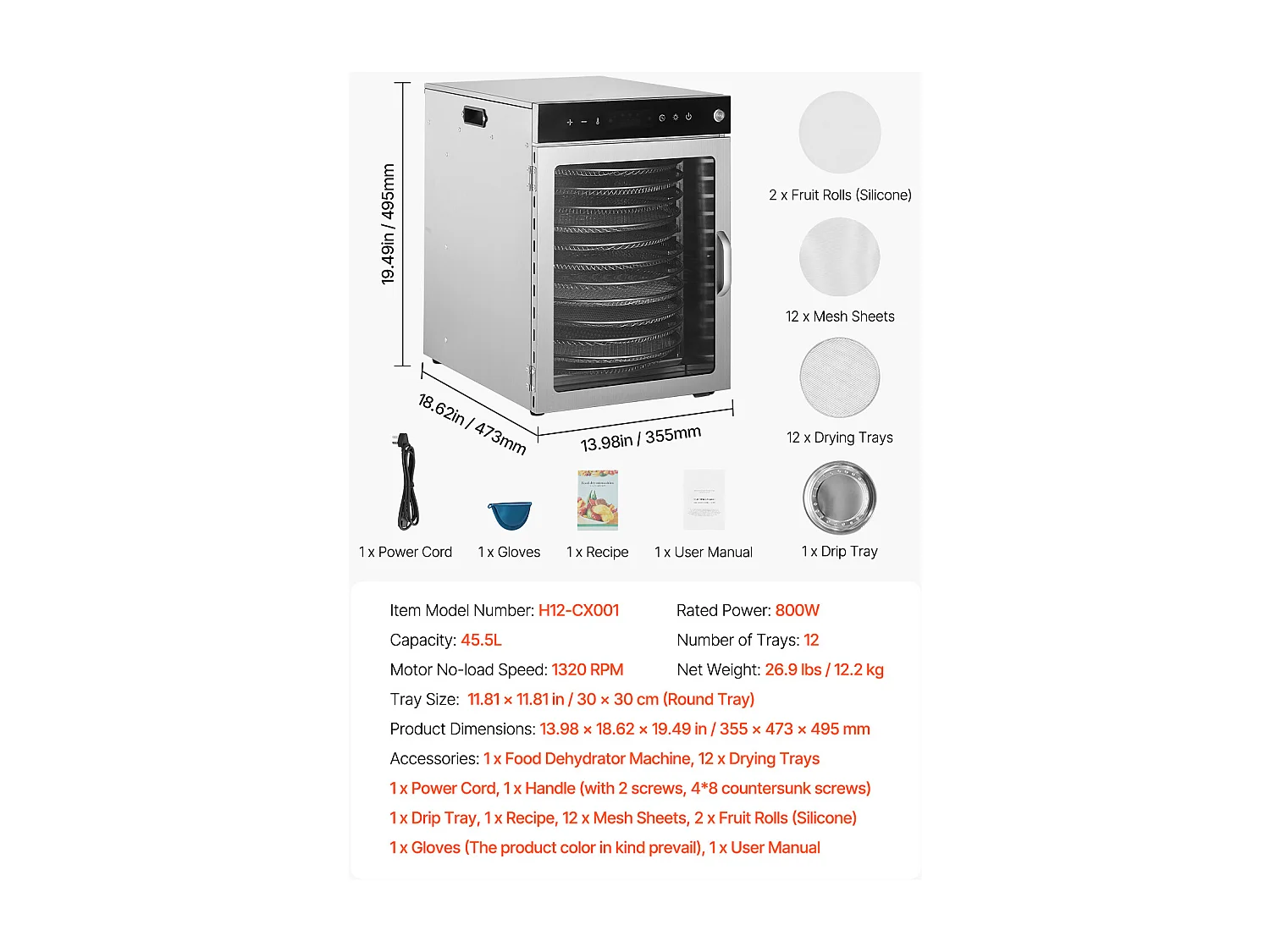 Déshydrateur à Aliments SucceBuy Déshydrateur Alimentaire Rotatif 12 Plateaux, Acier Inoxydable, 800 W, pour le Séchage des Fruits