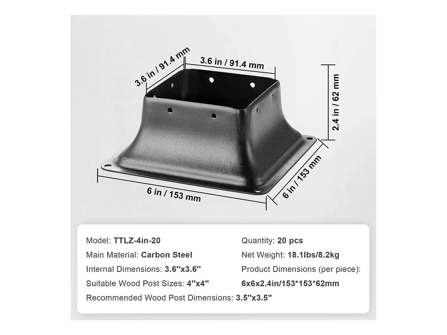 Kit de Supports SucceBuy Lot de 20 Supports de Base de Poteau Robustes 101,6 x 101,6 mm pour Ancrages en Bois