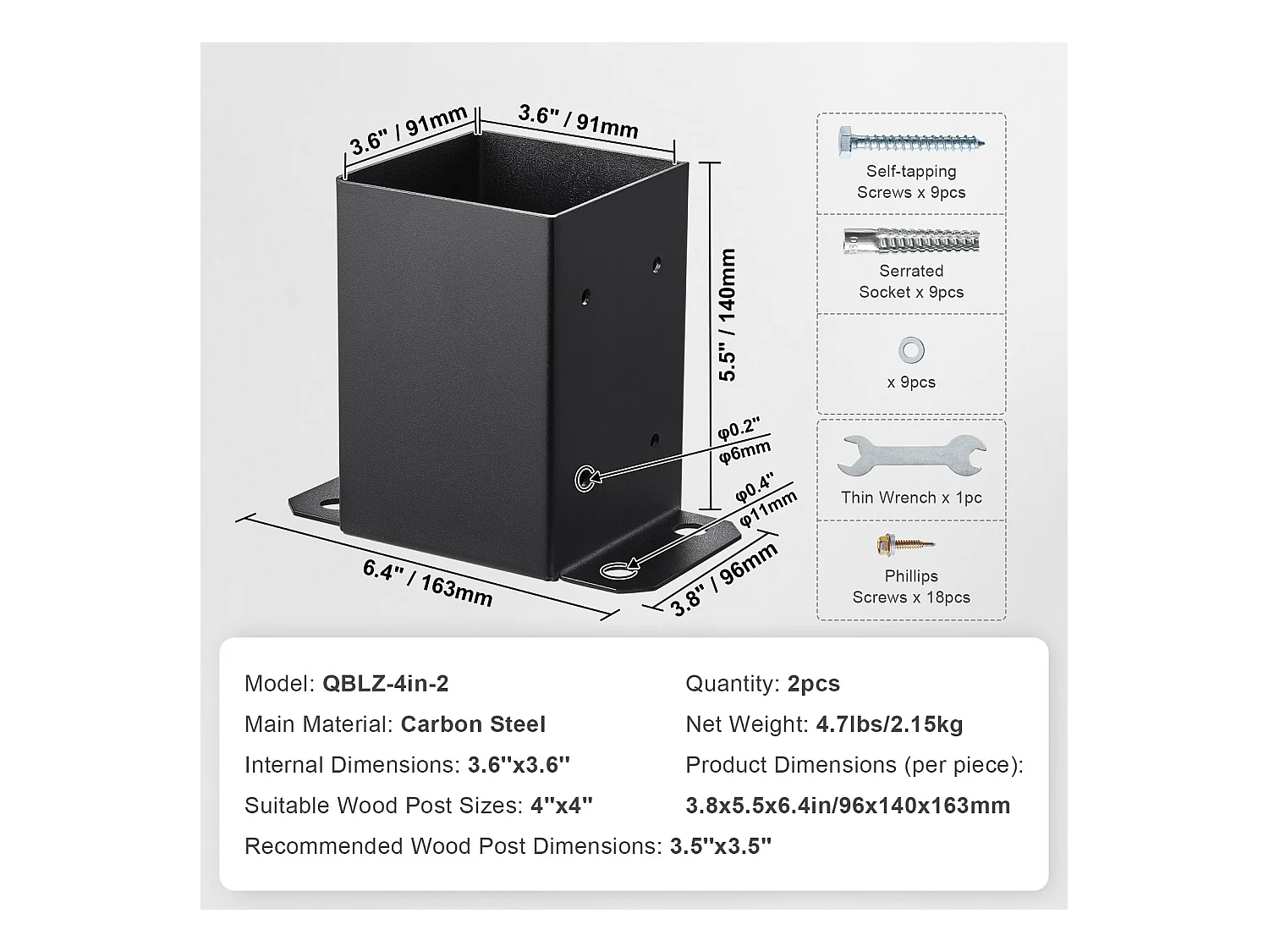 Kit de Supports SucceBuy Lot de 2 Supports de Base de Poteau 101,6 x 101,6 mm, Ancrage de Clôture en Bois Robuste