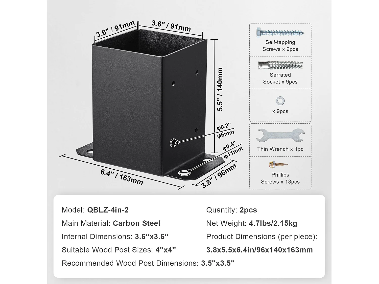 Kit de Supports SucceBuy Lot de 2 Supports de Base de Poteau 101,6 x 101,6 mm, Ancrage de Clôture en Bois Robuste