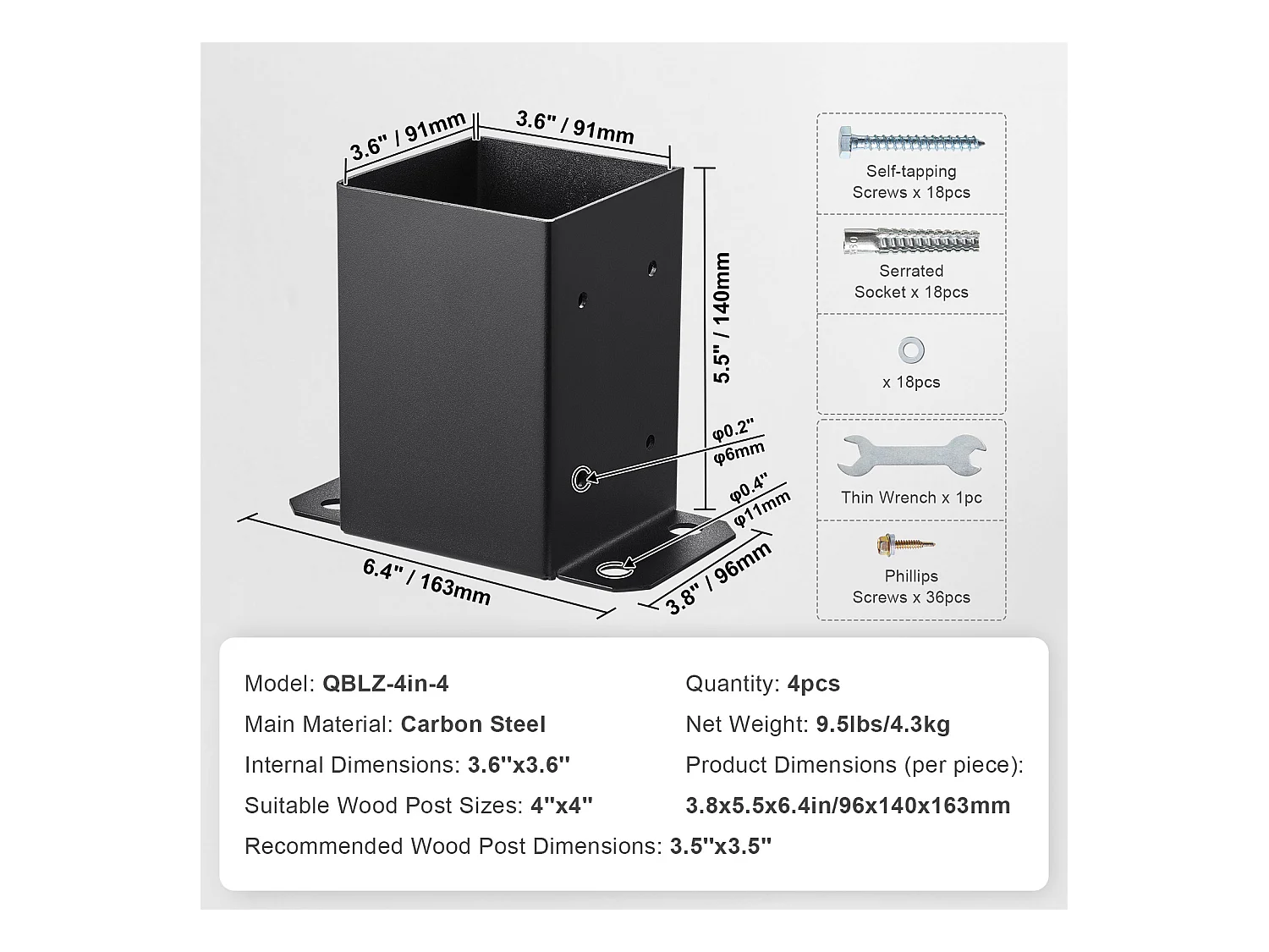 SucceBuy Lot de 4 Supports de Base de Poteau 101,6 x 101,6 mm, Fabriquées en acier au carbone, Ancrage de Clôture en Bois Robuste