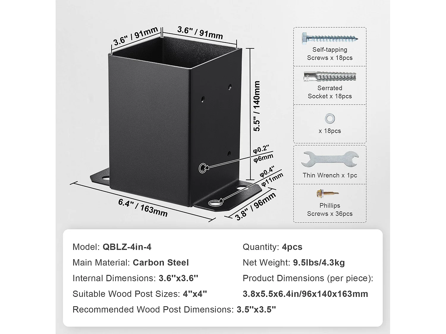 Kit de Suporte SucceBuy - Embalagem de 4 Suportes para Base de Poste de 101,6 x 101,6 mm, Ancoragem Reforçada para Vedação de Madeira