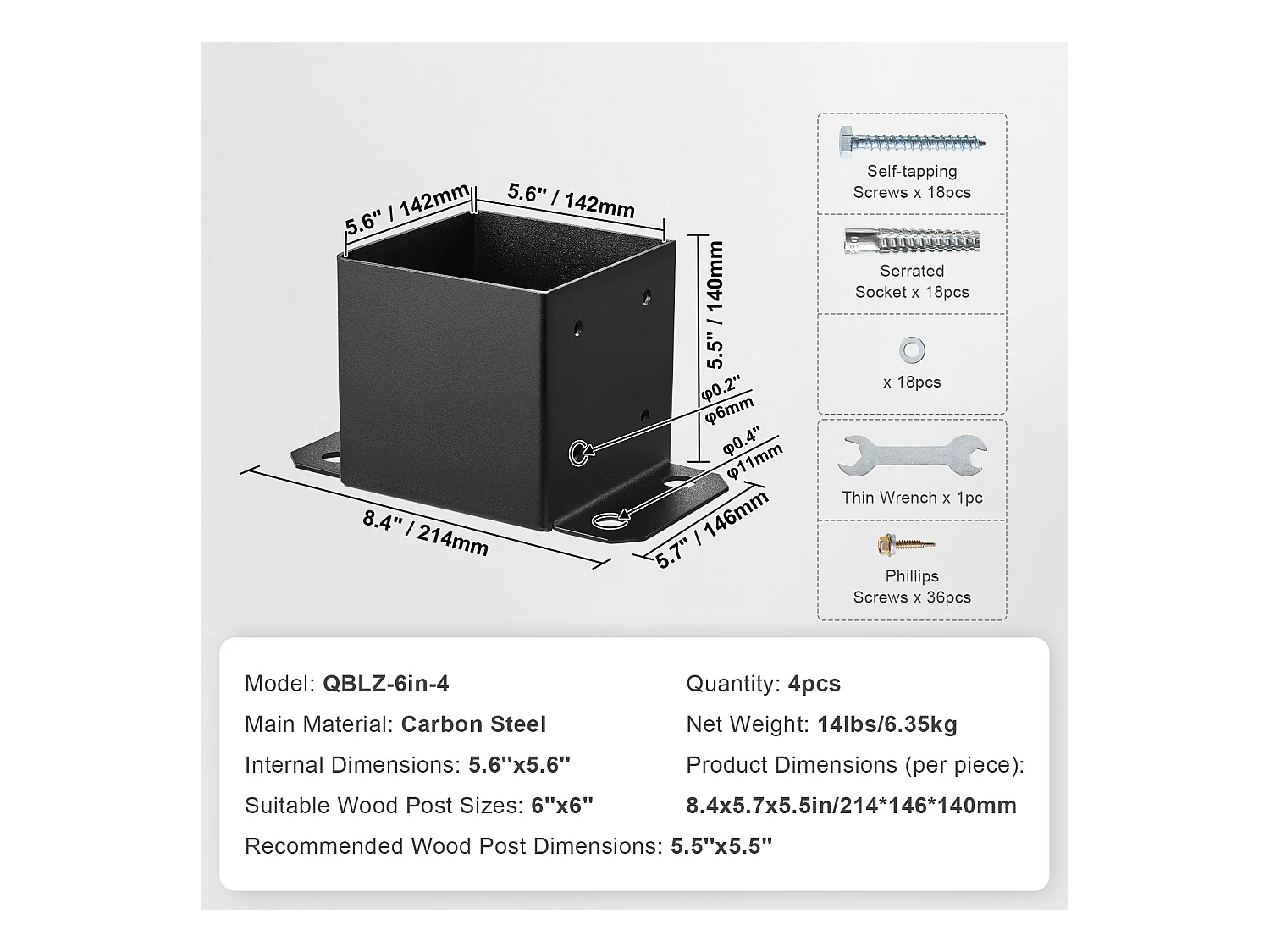 Kit de Supports SucceBuy Lot de 4 Supports de Base de Poteau 152,4 x 152,4 mm, Ancrage de Clôture en Bois Robuste