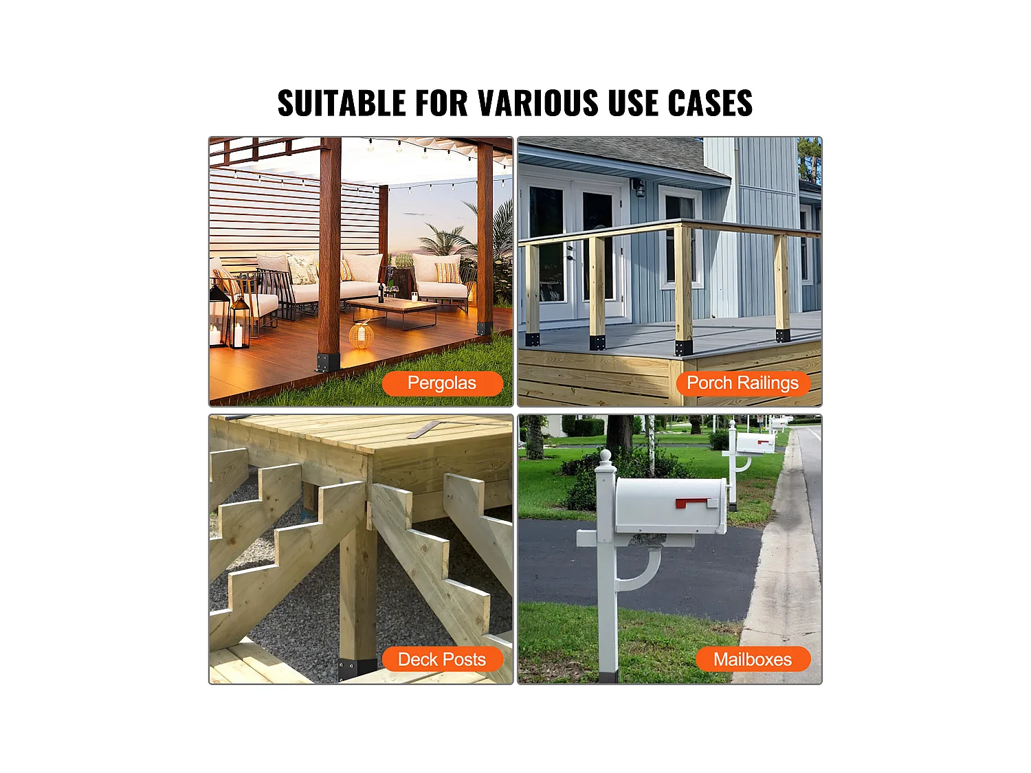 Kit de Supports SucceBuy Lot de 4 Supports de Base de Poteau 152,4 x 152,4 mm, Ancrage de Clôture en Bois Robuste
