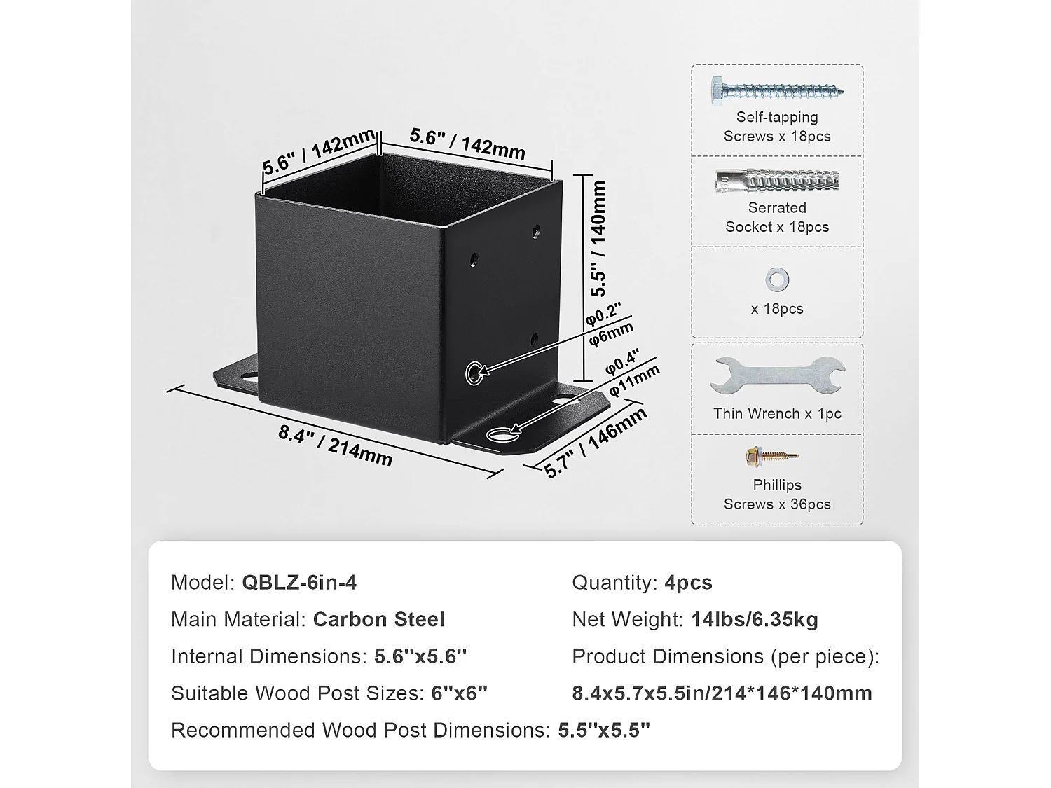 Kit di Supporto SucceBuy, Confezione da 4 Staffe per Base Palo da 152,4 x 152,4 mm, Ancoraggio per Recinzioni in Legno per Impieghi Gravosi