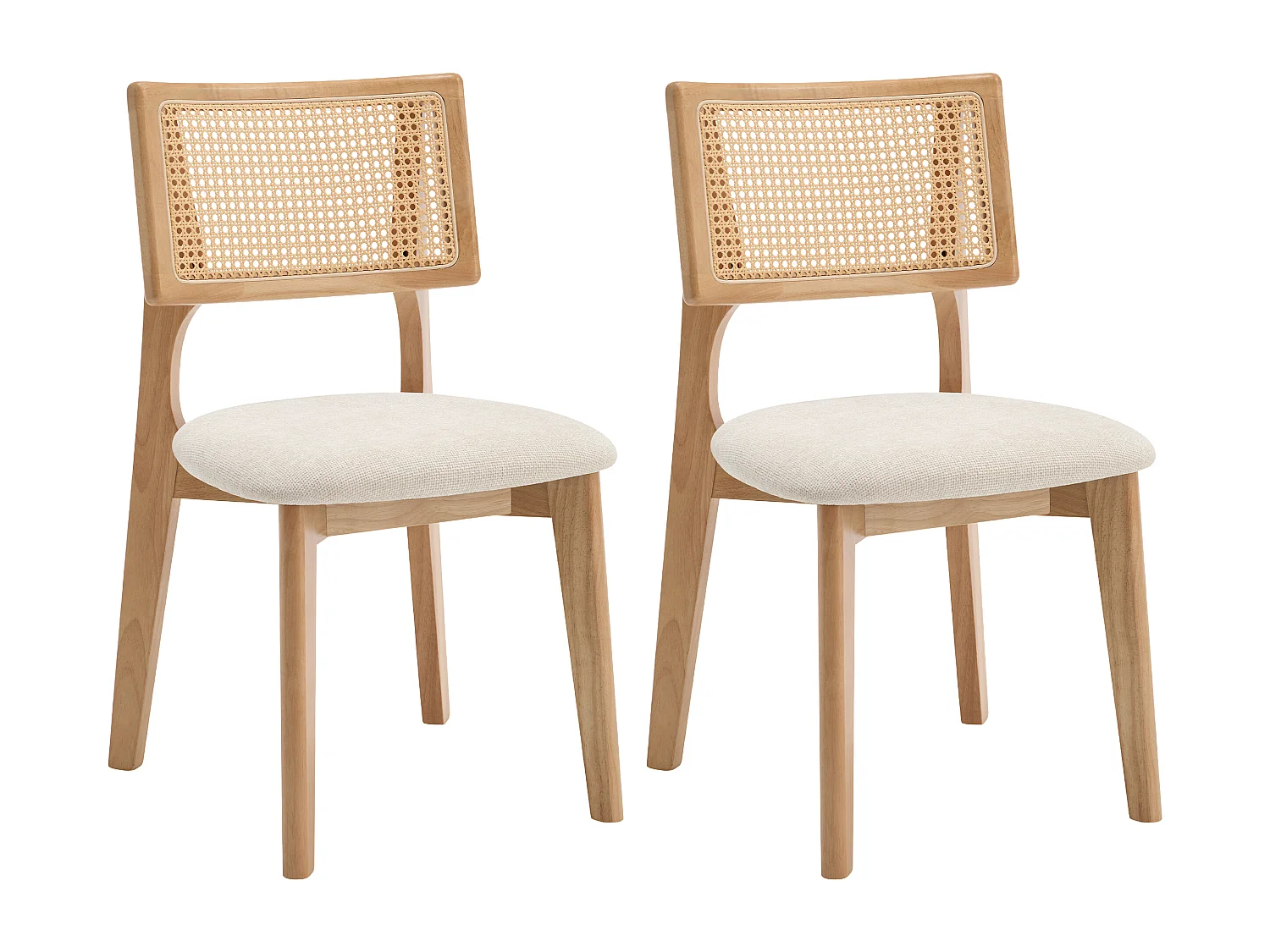 Lot de 2 chaises en tissu texturé, effet rotin et bois d'hévéa - Crème - CALENYA