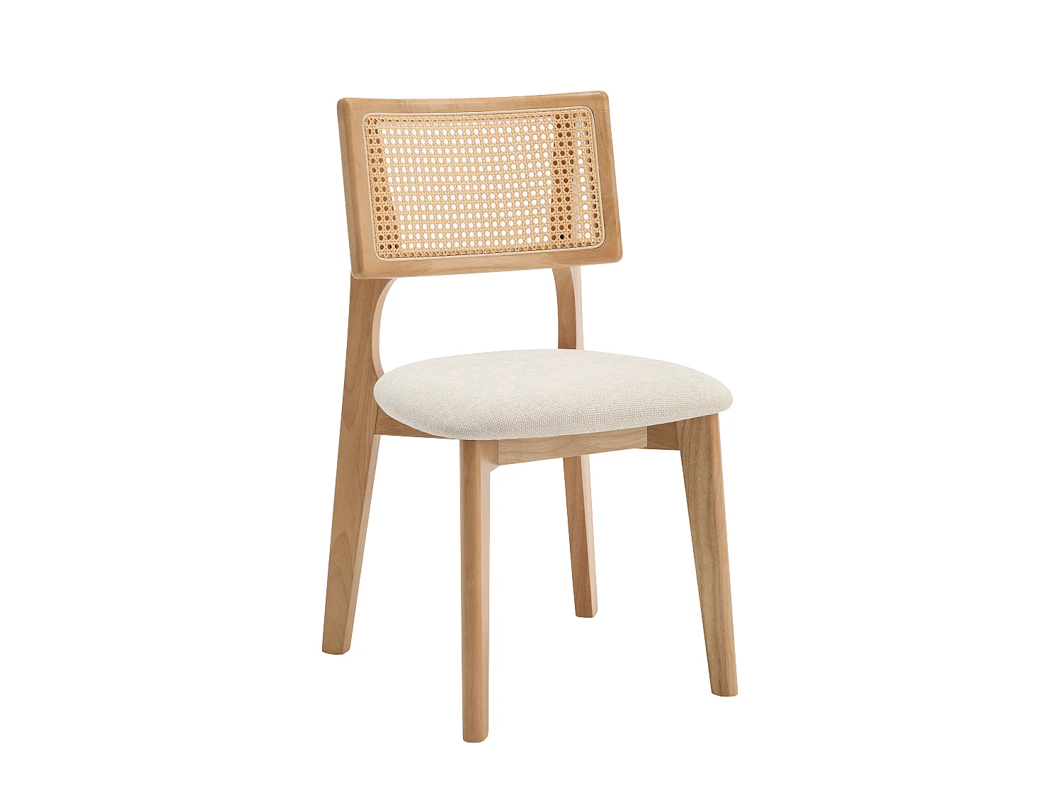 Lot de 2 chaises en tissu texturé, effet rotin et bois d'hévéa - Crème - CALENYA