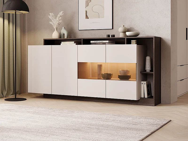 Sideboard mit 4 Türen & 4 Ablagefächern - Mit LED-Beleuchtung -  Beige und Natur Dunkel - IDESIA