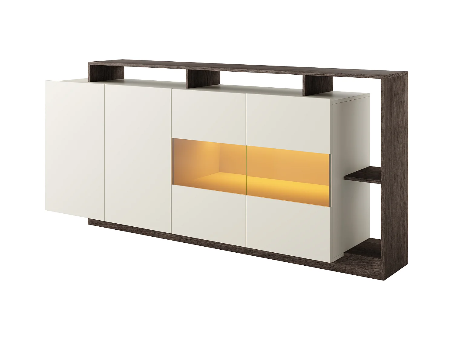 Skänk med 4 dörrar och 4 nischer med LED-belysning - Beige och Mörk natur - IDESIA