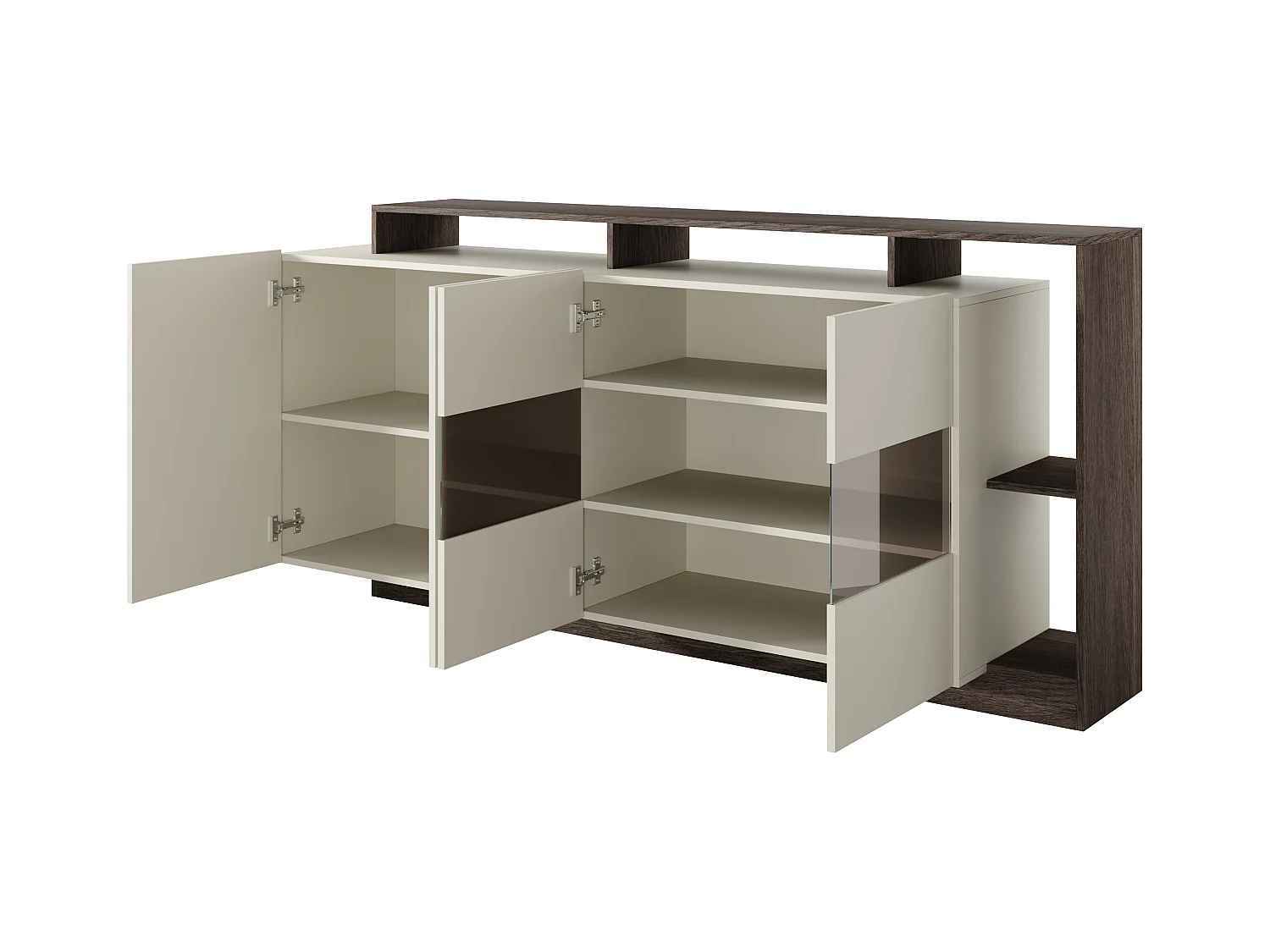 Skänk med 4 dörrar och 4 nischer med LED-belysning - Beige och Mörk natur - IDESIA