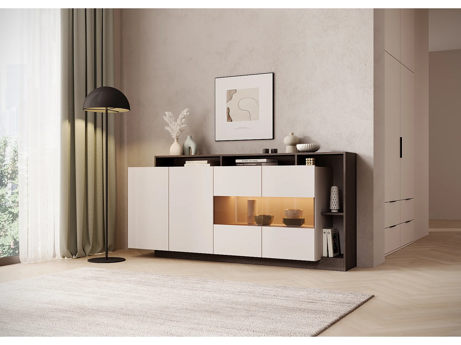 Buffet 4 portes et 4 niches avec LEDs - Beige et Naturel foncé - IDESIA