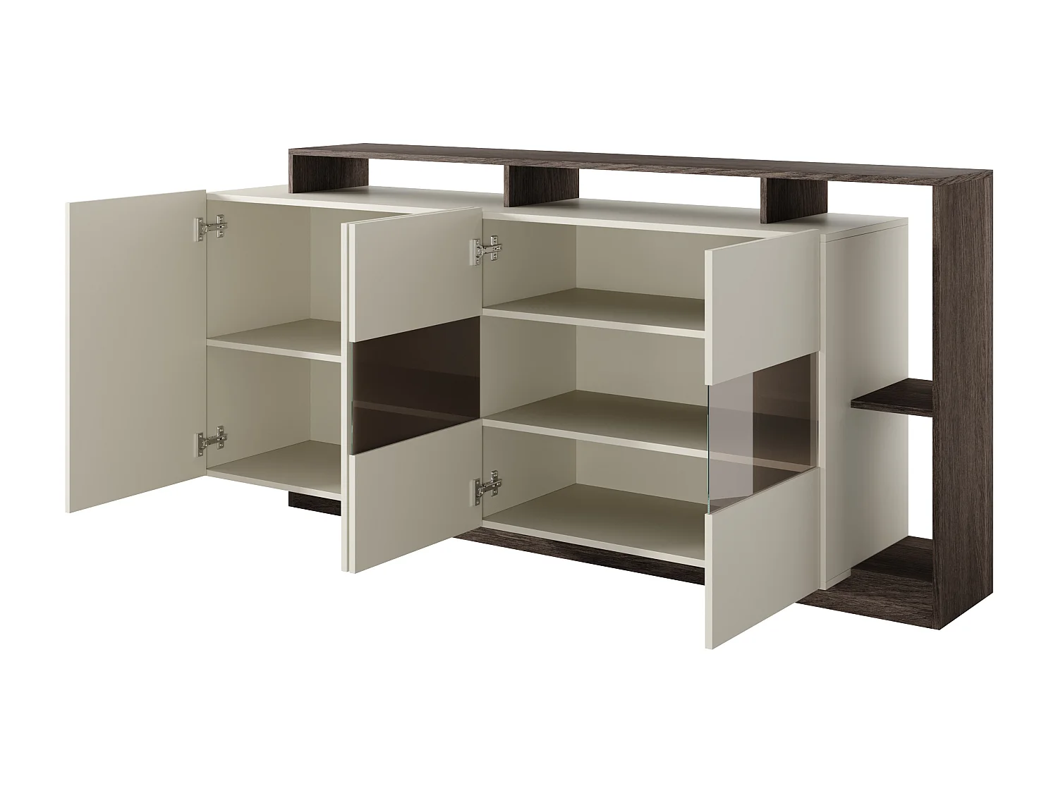 Skjenk med 4 dører og 4 nisjer med LED-belysning - Beige og Mørk naturlig - IDESIA