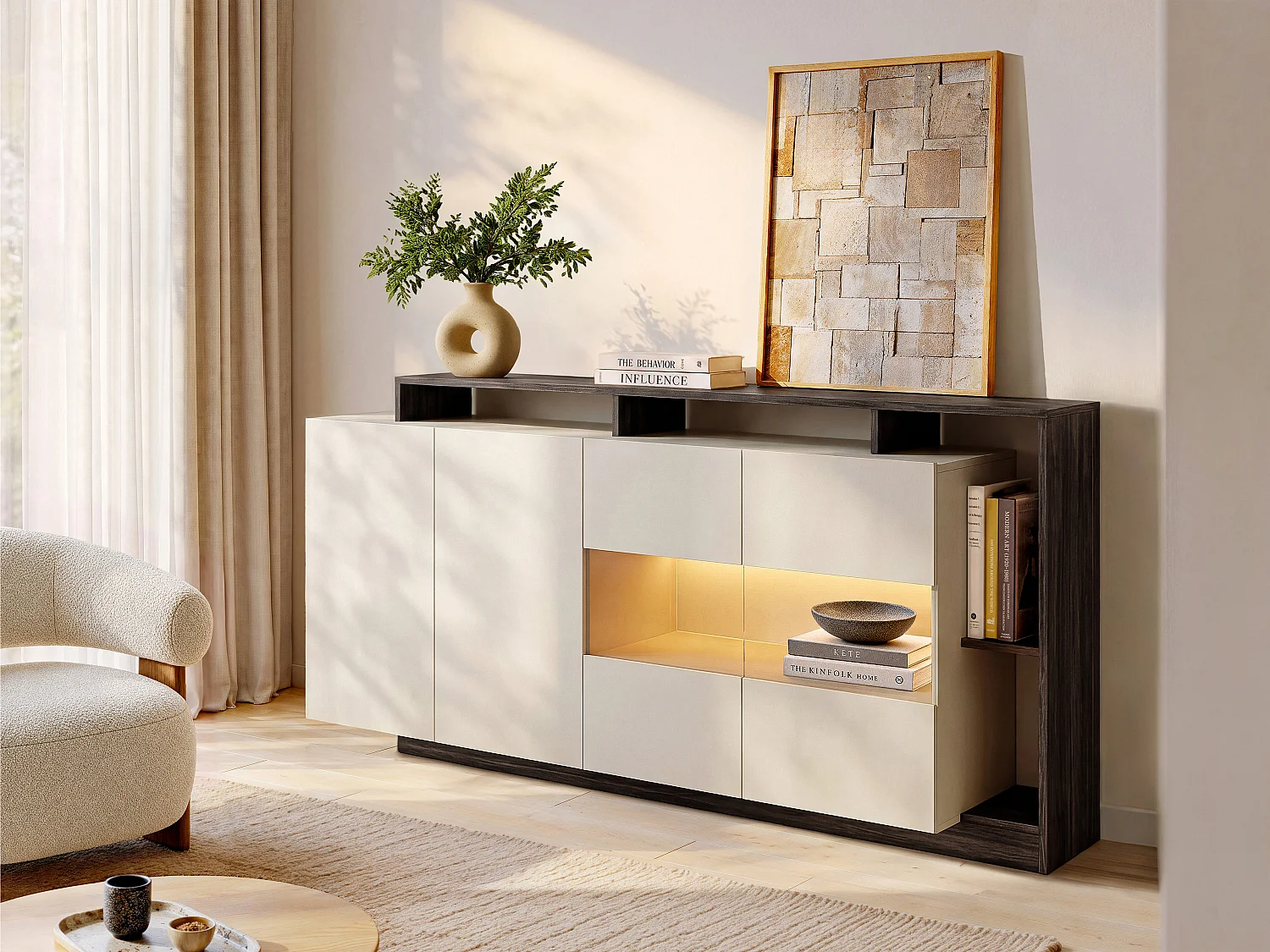 4-Door Sideboard with 4 Niches and LEDs - Beige and Dark Natural - IDESIA