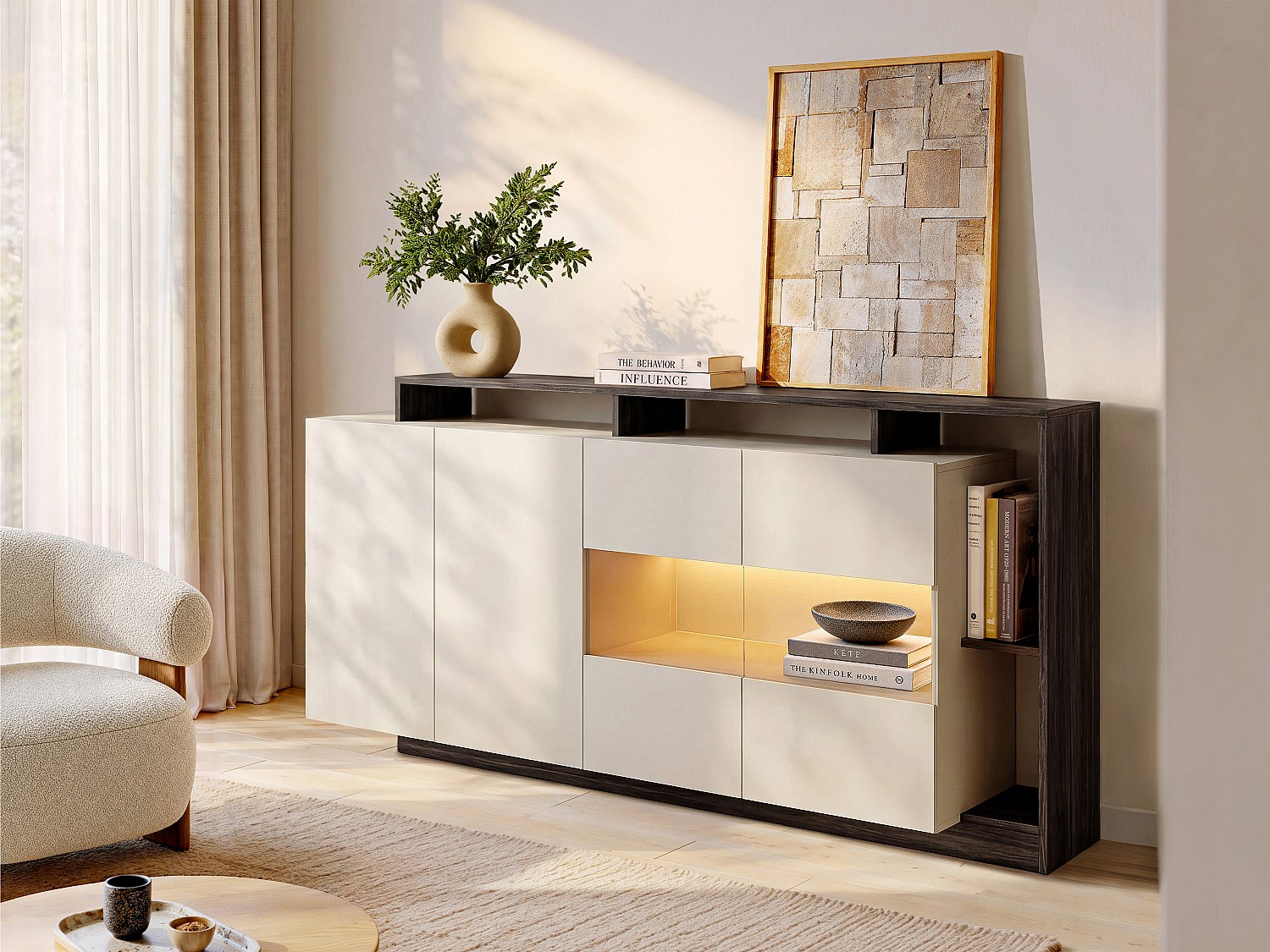Sideboard mit 4 Türen & 4 Ablagefächern - Mit LED-Beleuchtung -  Beige und Natur Dunkel - IDESIA