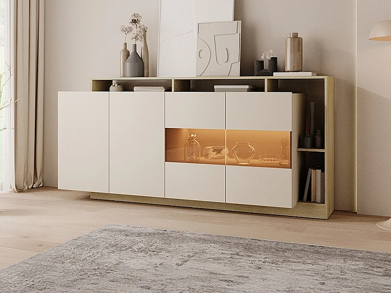 Sideboard mit 4 Türen & 4 Ablagefächern - Mit LED-Beleuchtung - Beige und Natur Hell - IDESIA