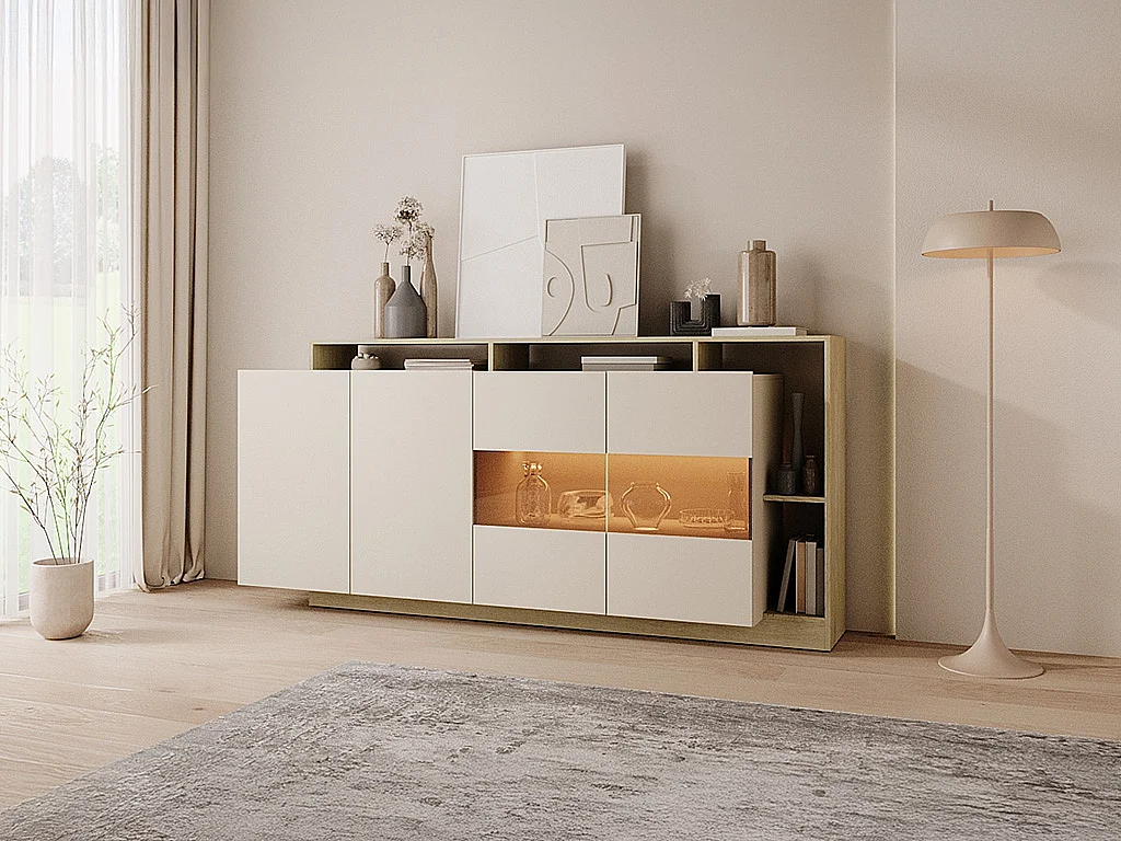 Buffet 4 portes et 4 niches avec LEDs - Beige et Naturel clair - IDESIA