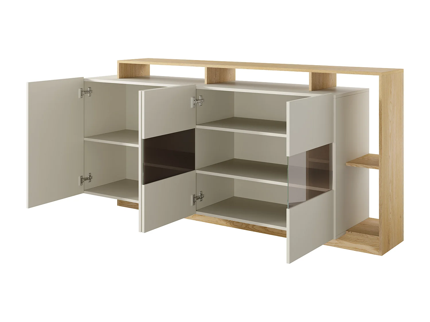 Skjenk 4 dører og 4 nisjer med LED-lys - Beige og Lys naturlig - IDESIA