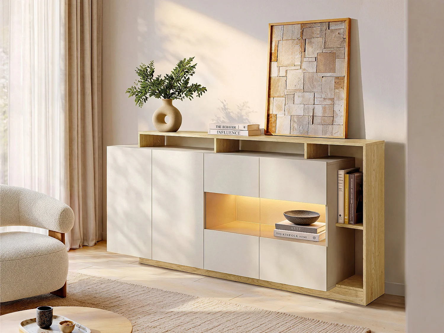 Credenza 4 ante e 4 nicchie con LED Beige e Naturale chiaro - IDESIA