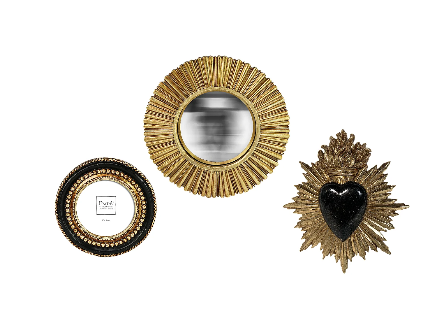 Lot ex voto, cadre perle et miroir convexe noir et doré