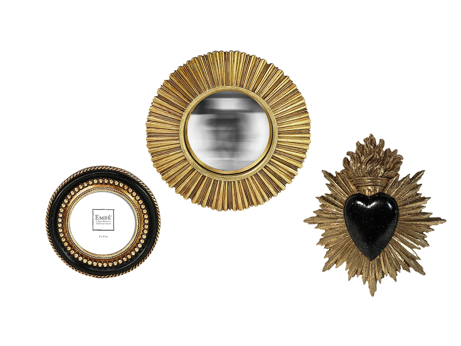 Lot ex voto, cadre perle et miroir convexe noir et doré