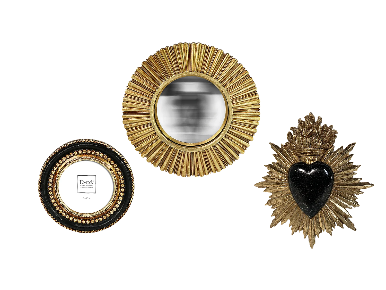 Lot ex voto, cadre perle et miroir convexe noir et doré