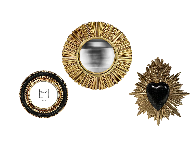 Lot ex voto, cadre perle et miroir convexe noir et doré