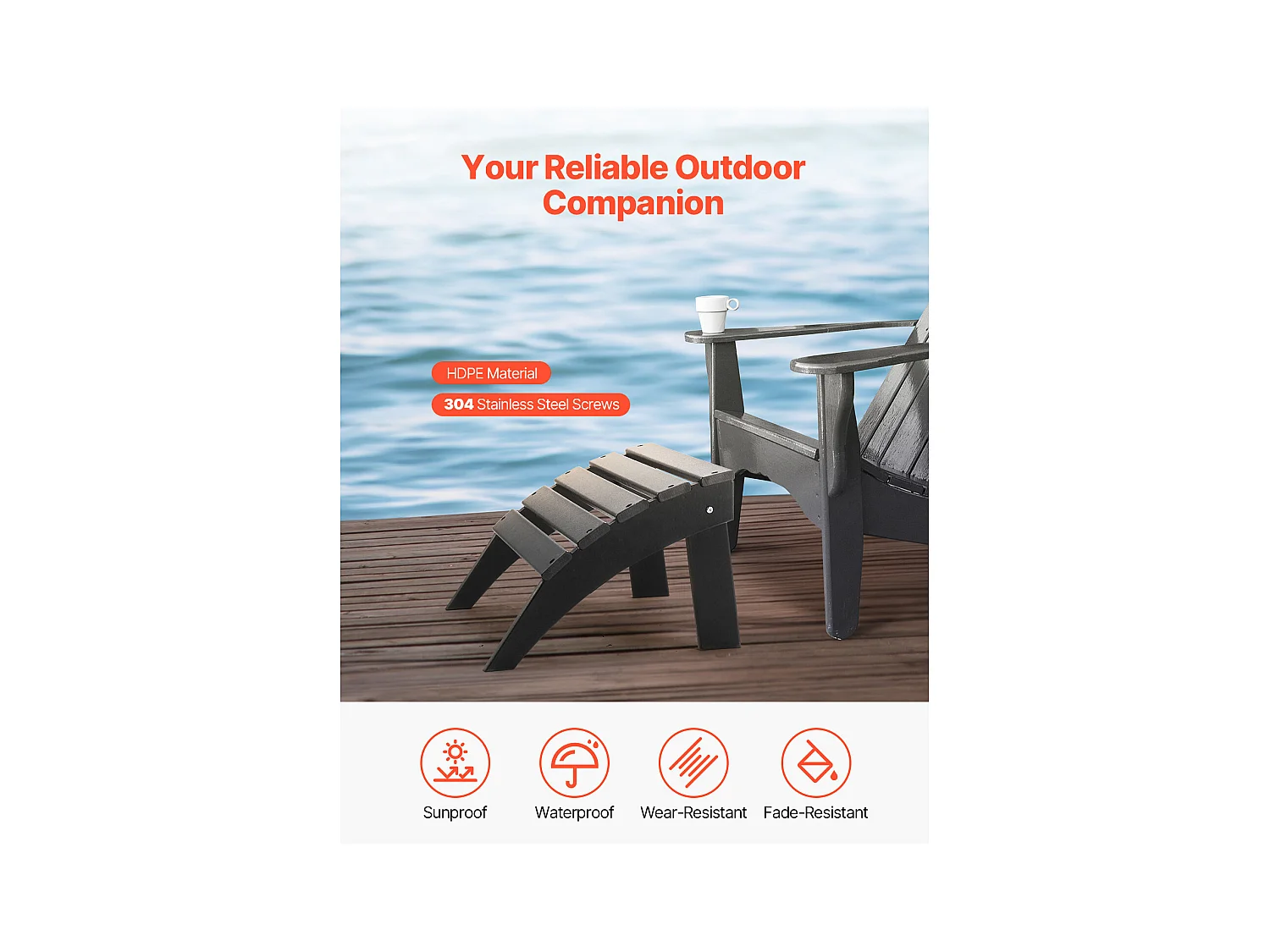 Pouf de Jardin, SucceBuy Pouf Adirondack Pliable en Plastique HDPE 47 x 49 x 33 cm, Repose-pieds Résistant aux Intempéries pour Chaise Adirondack, Noir