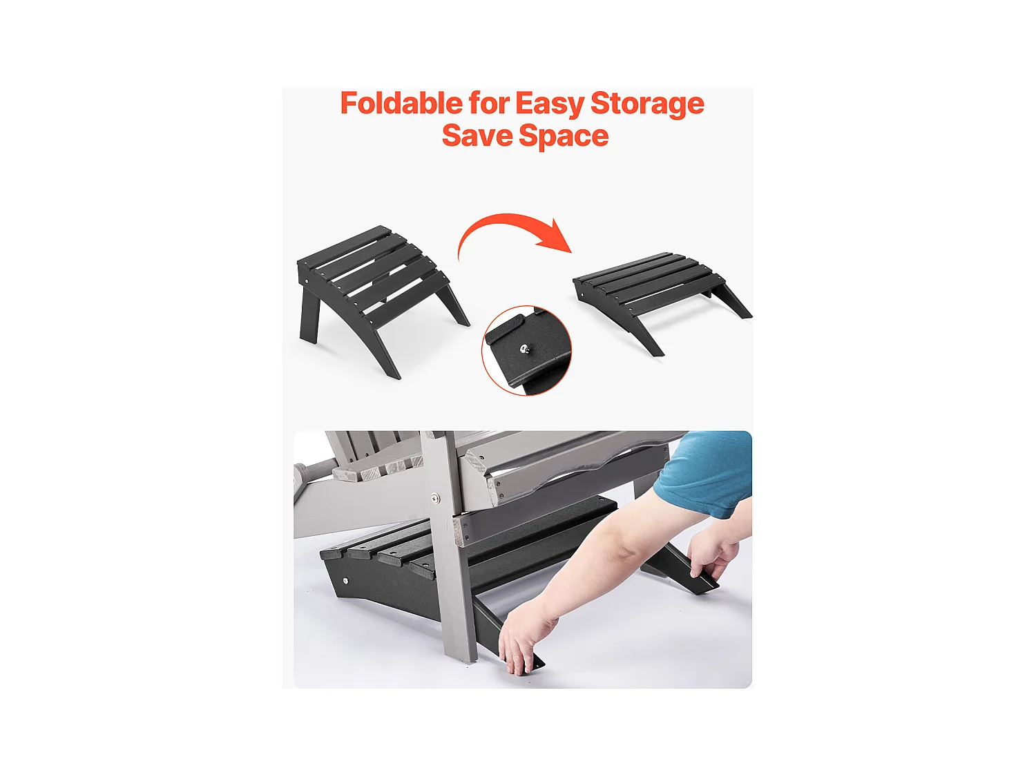 Pouf de Jardin, SucceBuy Pouf Adirondack Pliable en Plastique HDPE 47 x 49 x 33 cm, Repose-pieds Résistant aux Intempéries pour Chaise Adirondack, Noir