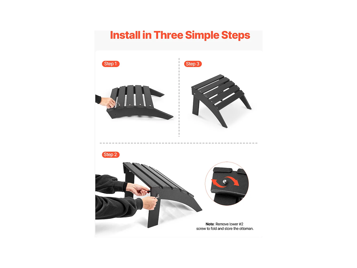 Pouf de Jardin, SucceBuy Pouf Adirondack Pliable en Plastique HDPE 47 x 49 x 33 cm, Repose-pieds Résistant aux Intempéries pour Chaise Adirondack, Noir