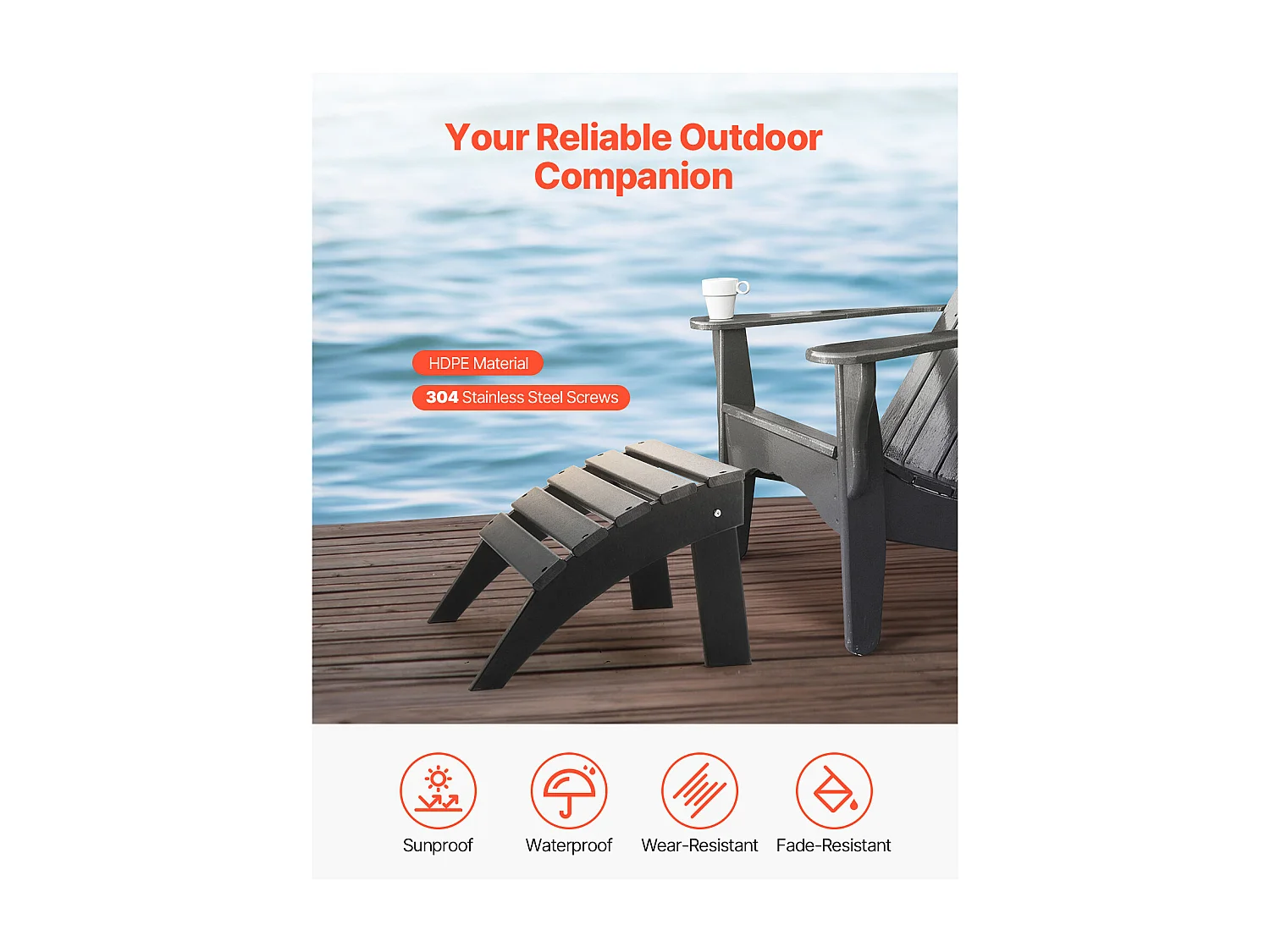 Pouf de Jardin, SucceBuy Pouf Adirondack Pliable en Plastique HDPE 47 x 49 x 33 cm, Repose-pieds Résistant aux Intempéries pour Chaise Adirondack, Noir